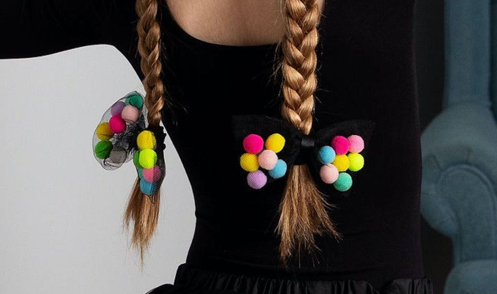 Bow Hair Ties For Girls With Pom Poms | 4Inch Bow - 2Pcs Set | Gifts For Girls Ages 0-12