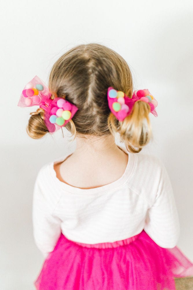 Bow Hair Ties For Girls With Pom Poms | 4Inch Bow - 2Pcs Set | Gifts For Girls Ages 0-12