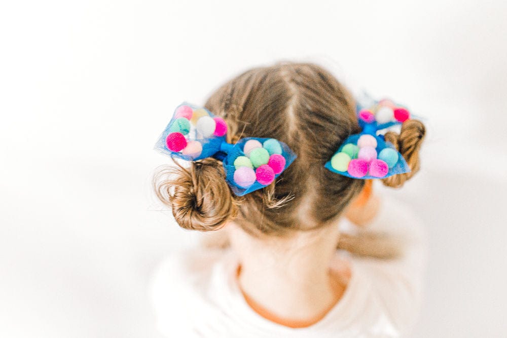 Bow Hair Ties For Girls With Pom Poms | 4Inch Bow - 2Pcs Set | Gifts For Girls Ages 0-12