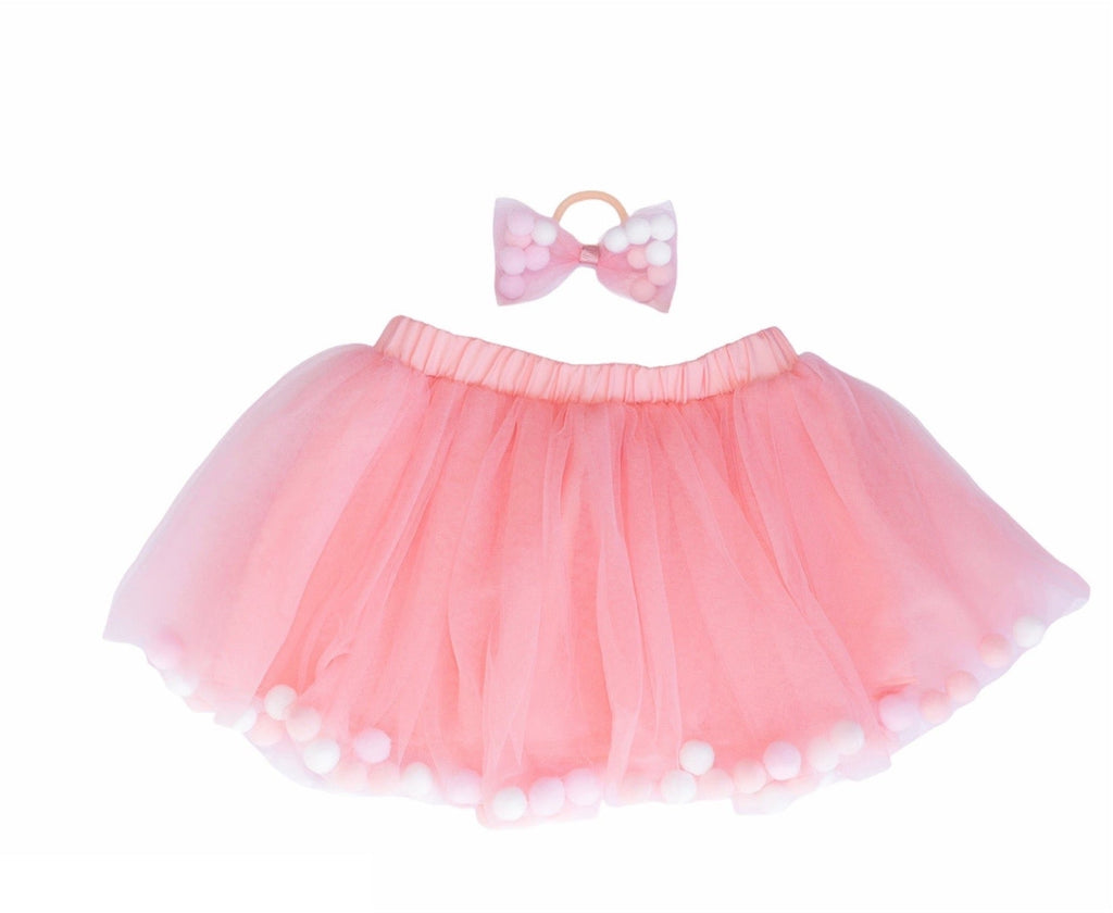 Blush Tutu For Girls | Rose Pom Pom Tutu and Bow Hair Tie | 2Pcs Set