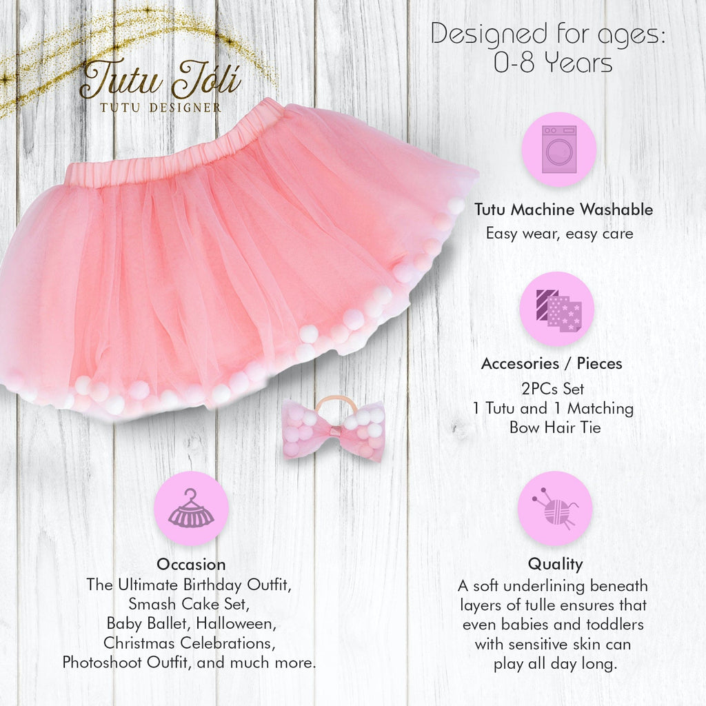 Blush Tutu For Girls | Rose Pom Pom Tutu and Bow Hair Tie | 2Pcs Set