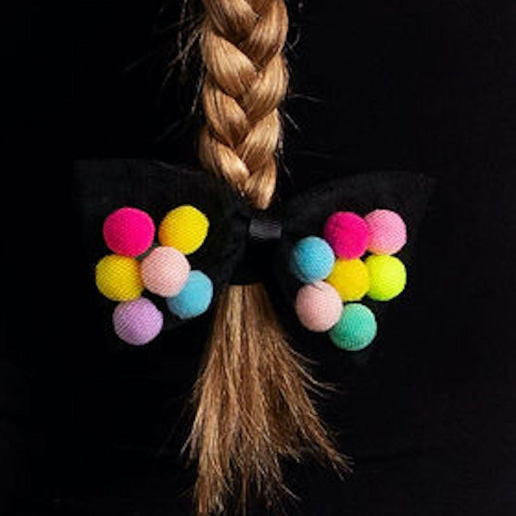 Bow Hair Ties For Girls With Pom Poms | 4Inch Bow - 2Pcs Set | Gifts For Girls Ages 0-12