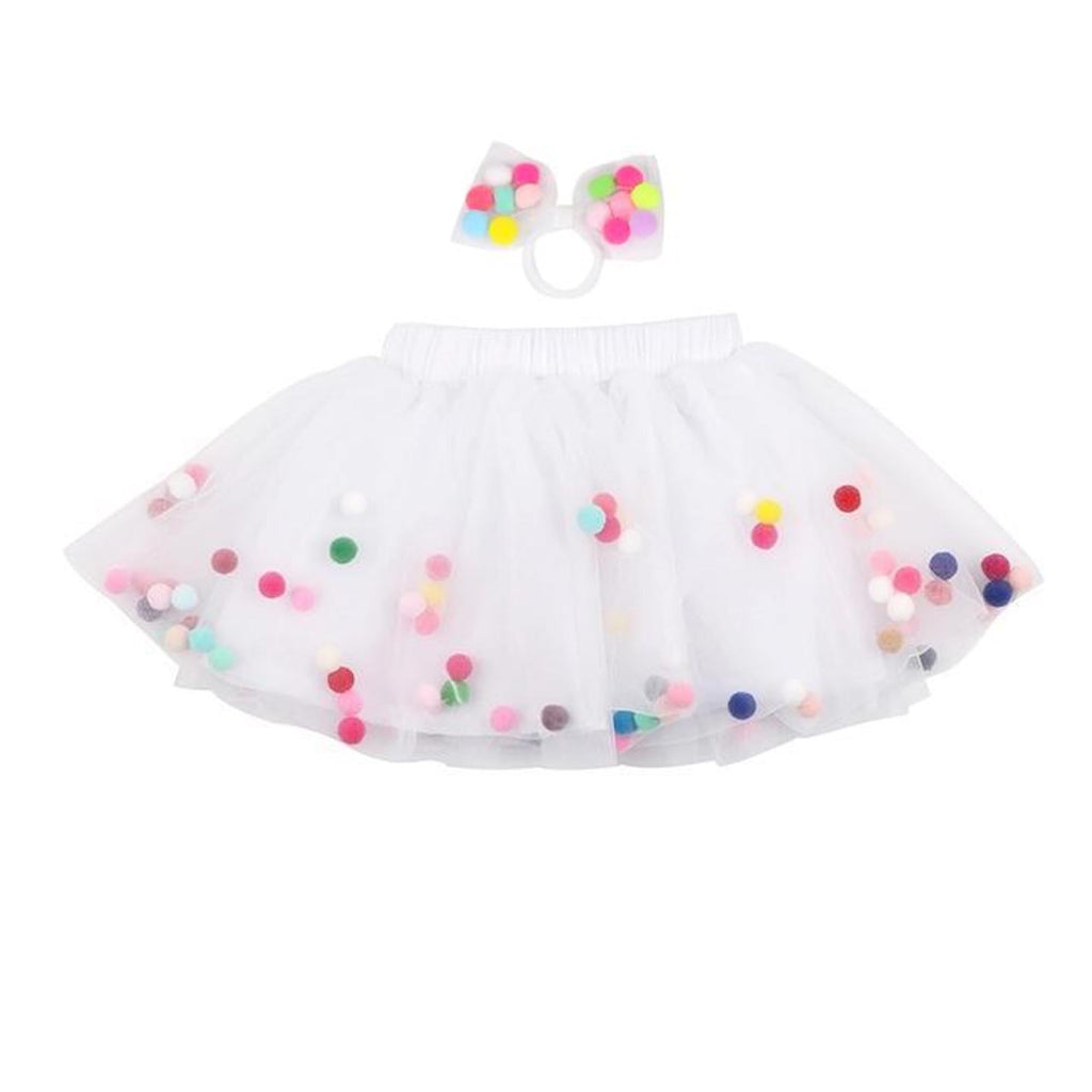 White Tutu For Girls | Pom Pom Tutu with Bow Hair Tie | 2Pcs Tutu Set