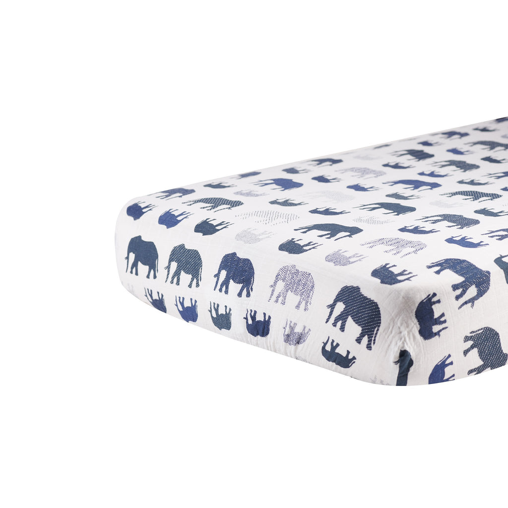 Blue Elephant Cotton Muslin Crib Sheet